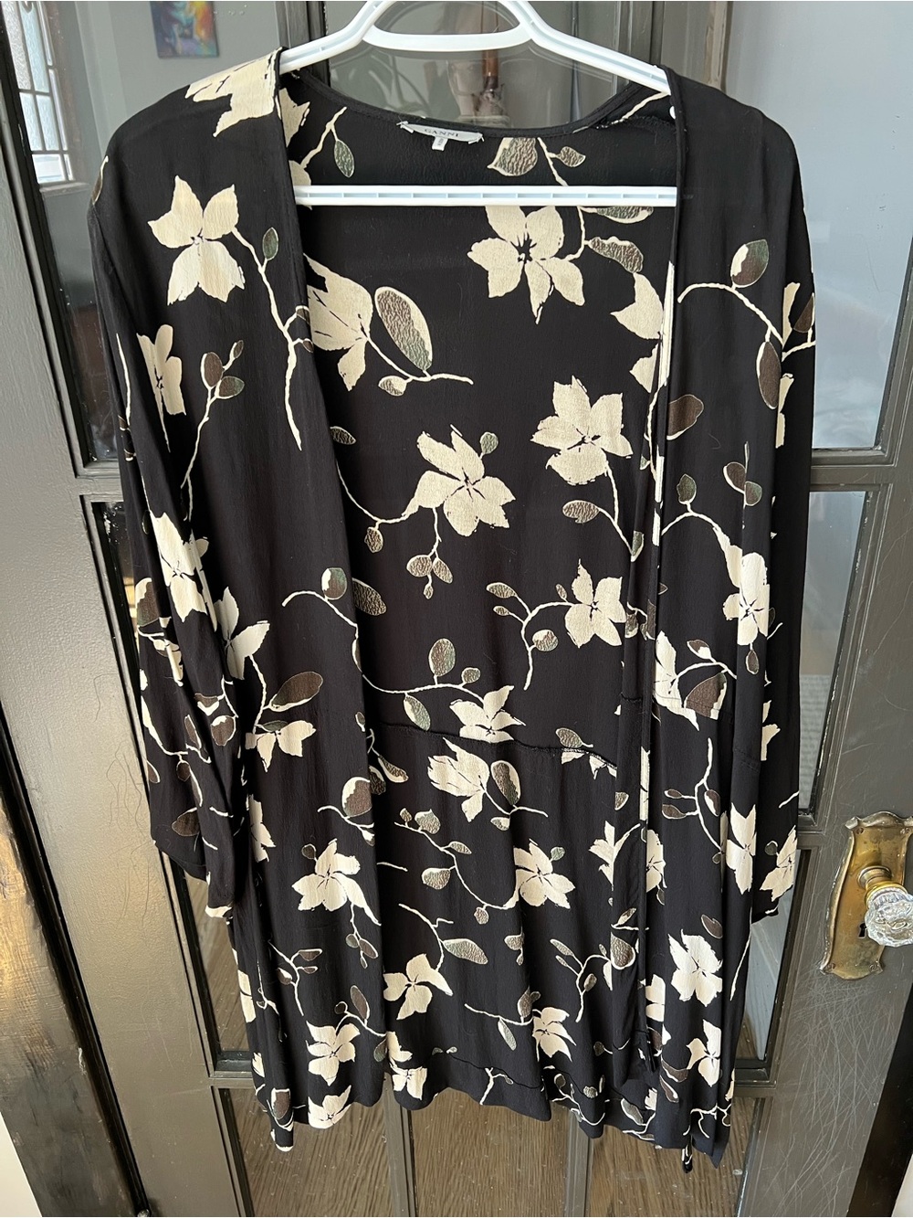 Ganni black floral drapey open top